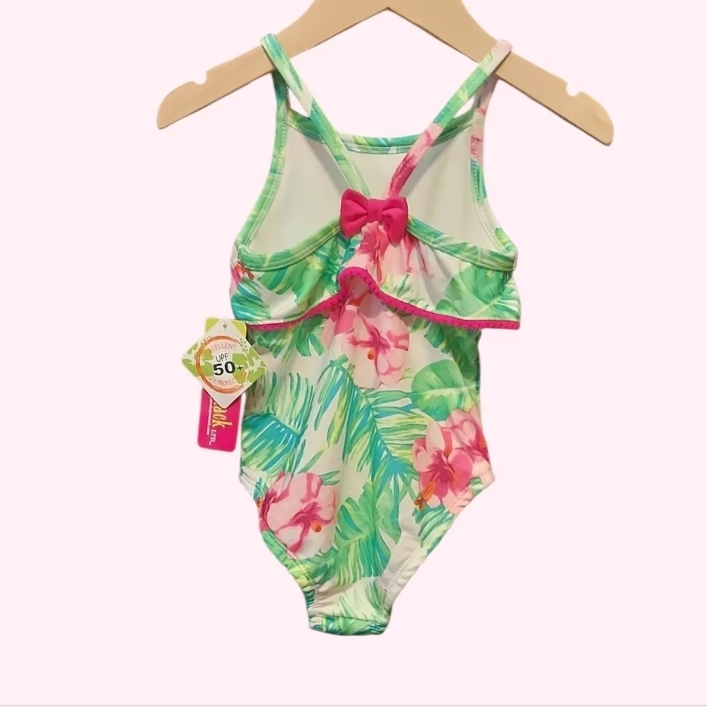 NWT Penelope Mack Green and Pink Hibiscus Swimsuit Size 4T